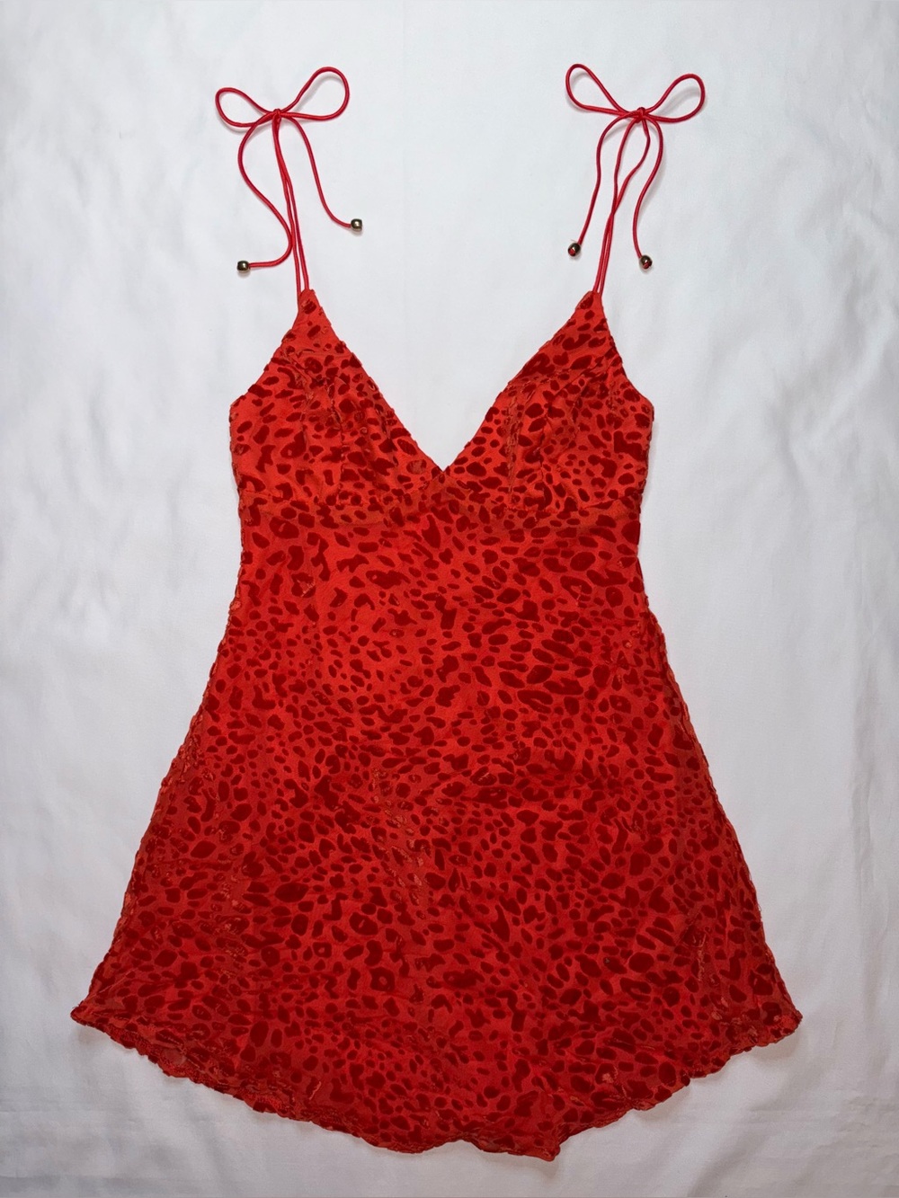 Here Comes The Sun Red Orange Satin Leopard Burnout Mini Dress Y2K Tie Strap S
